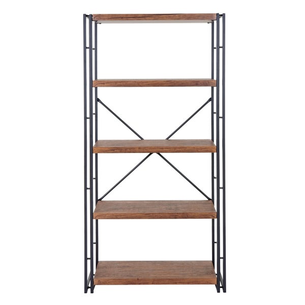 Regal mit fünf Holzböden und schwarzem Metallrahmen
