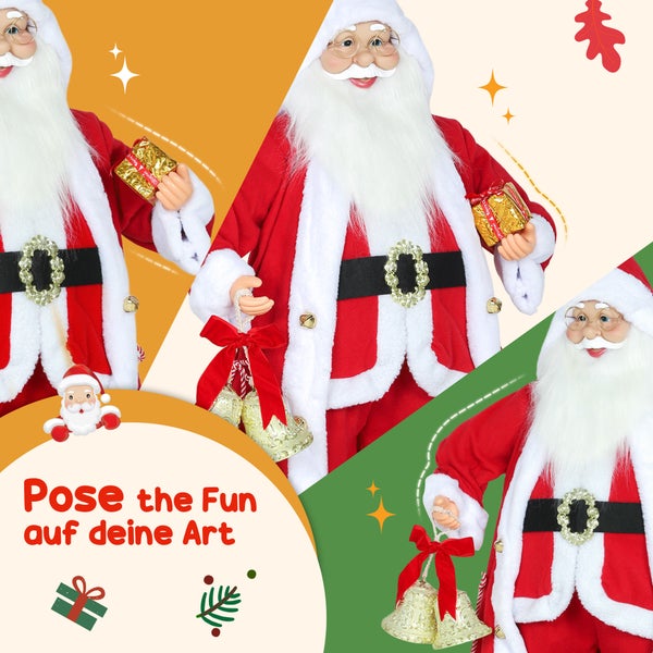 Bewegliche dekorative Weihnachtsmannfigur im roten Kostüm mit weißem Pelzbesatz, hält ein goldenes Geschenk und Glocken.