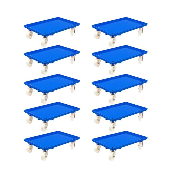 PROREGAL SparSet 10x Transportroller für Euroboxen 60 x 40 cm mit Kunststoffräder Blau Geschlossenes Deck 2 Lenkrollen und 2 Bremsrollen 300 kg