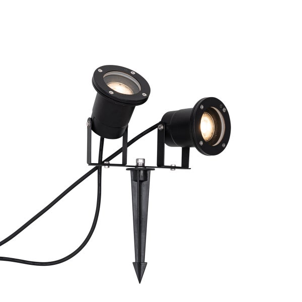 Doppel-Gartenstrahler mit Erdspieß, zwei schwenkbare schwarze Metall-Spots, inklusive Kabel, warmweißes Licht.