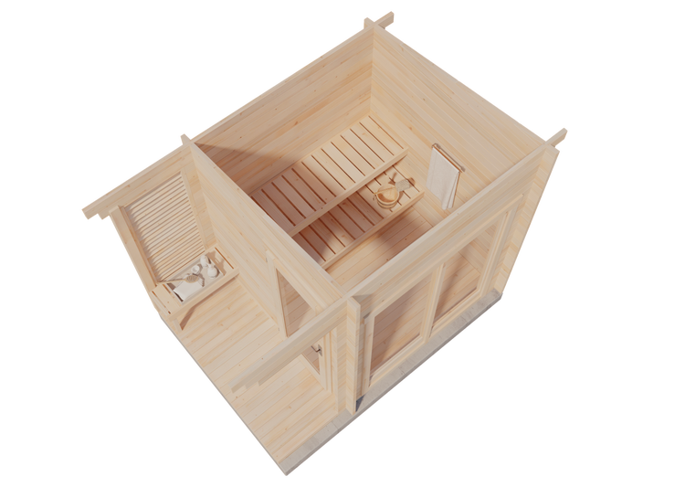 Moderne Gartensauna aus hellem Holz mit Pultdach, bodentiefen Glasfenstern und überdachtem Vorbau in einem Garten bei Dämmerung.