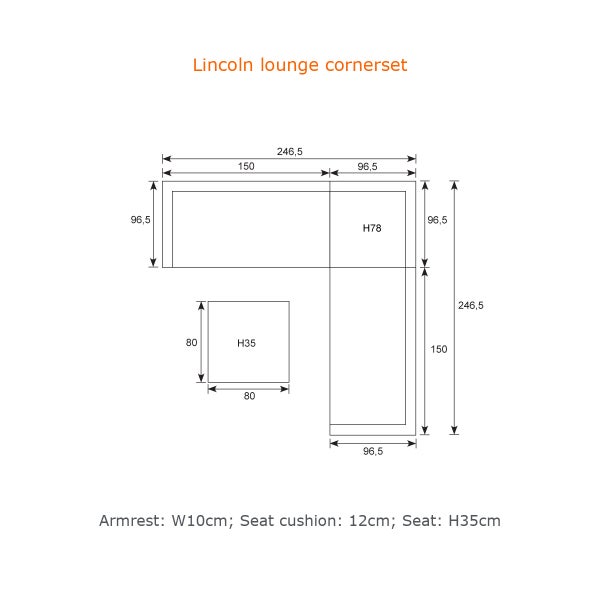Maßzeichnung Lincoln Lounge-Eckset: Sofa 246,5 mal 246,5 Zentimeter, Höhe 78 Zentimeter; Tisch 80 mal 80 Zentimeter, Sitzhöhe 35 Zentimeter.