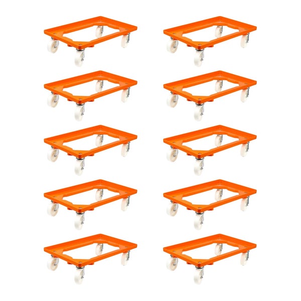 PROREGAL SparSet 10x Transportroller für Euroboxen 60 x 40 cm mit Kunststoffräder Orange Offenes Deck 2 Lenkrollen und 2 Bockrollen Traglast 300 kg