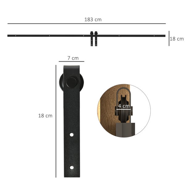 HOMCOM Schiebetürsystem Laufschiene Einzelschiebetür Schiebetürbeschlag für Holzschiebetür Zubehör Kohlenstoffstahl Schwarz 183 x 0,6 x 18 cm