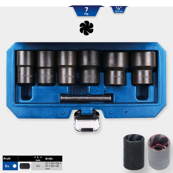 Brilliant Tools Steckschlüssel-Satz, 7-teilig, inklusive Größen von 21 bis 32 Millimeter, in blauem Koffer