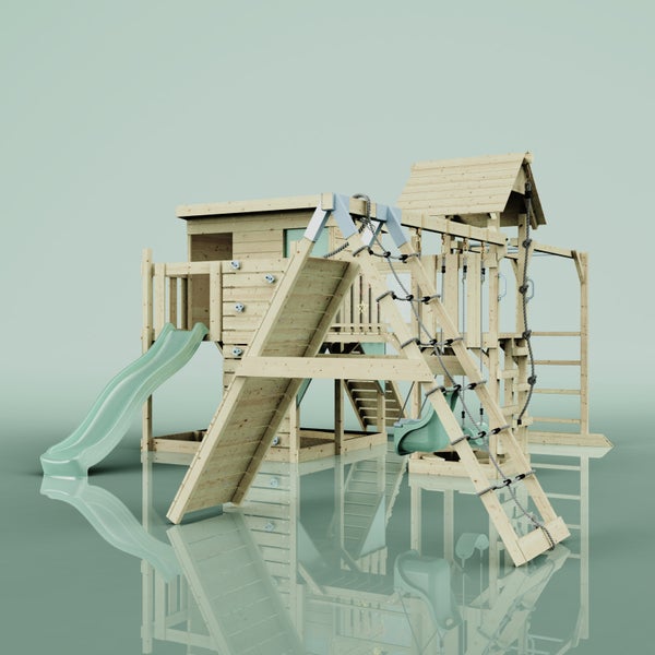 Spielturm aus Holz mit Rutsche, Kletterwand, Schaukel und Seilleiter