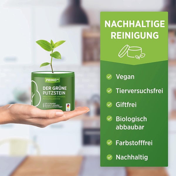 PRINOX® Der Grüne Putzstein 950g inkl. Handschwamm Nachhaltiger Universal Allzweckreiniger Jahresvorrat je Dose Öko Reiniger für Küche, Bad, Fenster, Sneaker, Ceranfeld, WC Made in DE