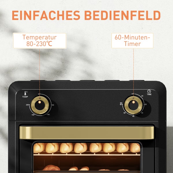 Mini-Ofen mit Bedienfeld, Drehregler für Temperatur von 80 bis 230 Grad Celsius und 60-Minuten-Timer.