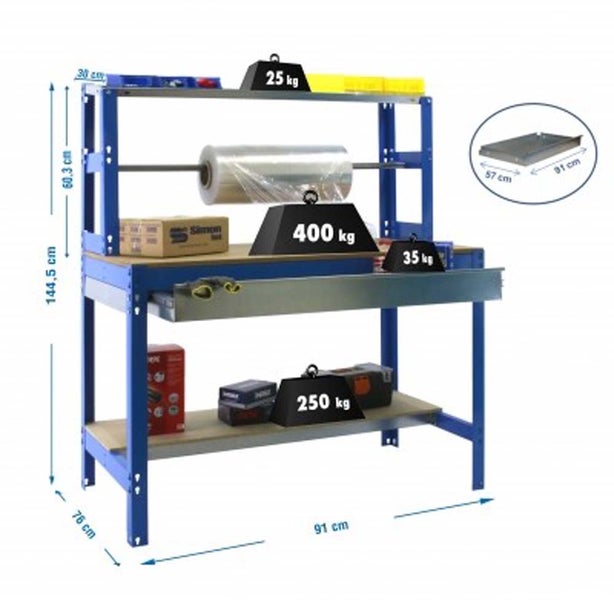 Blauer Packtisch aus Metall und Holz mit Rollenhalter, Schublade und Ablageböden. Maße 91 mal 76 mal 144,5 Zentimeter.