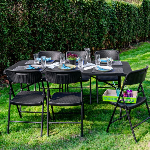 AMANKA Garten Sitzgruppe - 180 cm Tisch mit 6 Stühlen - Gartenmöbel Set in Rattan-Optik - Klappbar