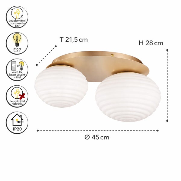 Deckenleuchte mit zwei weißen Glasschirmen und goldener Basis, Durchmesser 45 Zentimeter, Höhe 28 Zentimeter, Fassung E27, smart kompatibel, IP20.