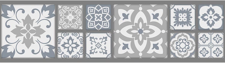 Bordüre aus verschiedenen Dekorfliesen mit floralen und geometrischen Ornamenten.