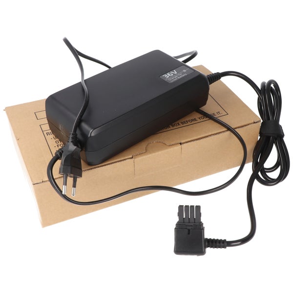 Ladegerät für 36 Volt Lithium-Ionen-Akkus mit Netzkabel und Kartonverpackung.