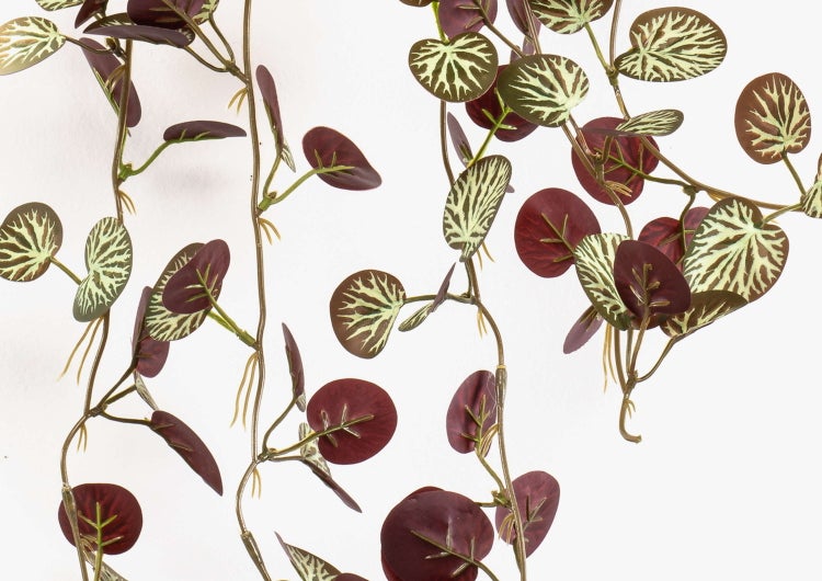 Künstliche Hängepflanze mit runden gemusterten Blättern in Dunkelrot und Creme an dünnen Stielen