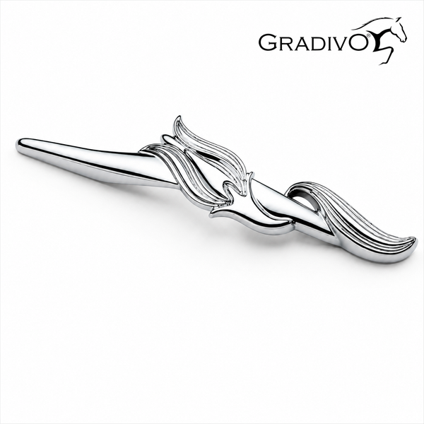 Geschwungener Möbelgriff aus glänzendem Chrom mit dekorativen Ornamenten und Gradivo Logo.