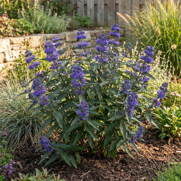 Blühende Bartblume mit blauen Blütenständen und grünen Blättern in einem Gartenbeet mit Rindenmulch und Gräsern.