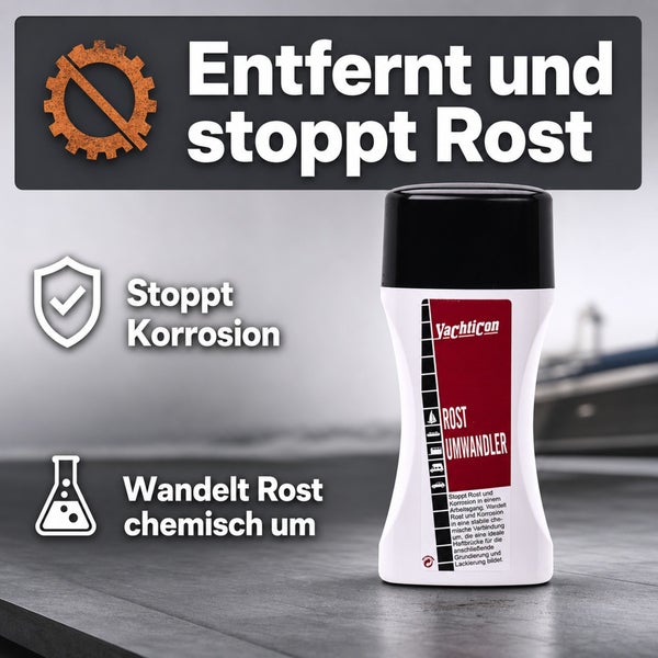 Yachticon Rostumwandler Flasche zur Rostentfernung und Korrosionsstopp bei verschiedenen Untergründen.