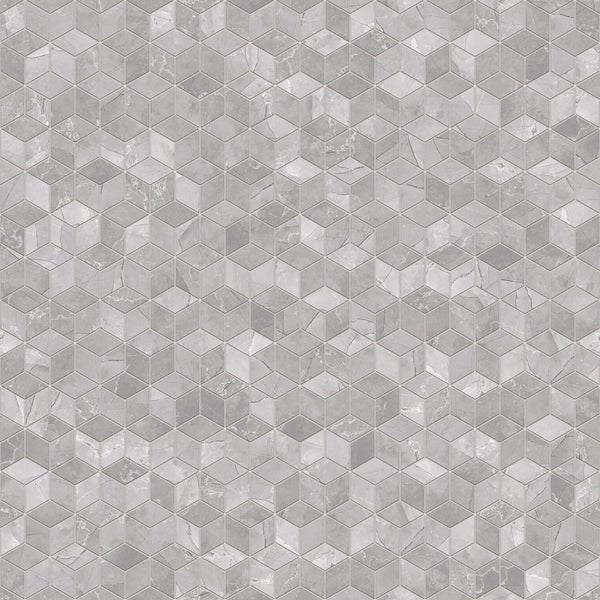 Tapete mit geometrischem dreidimensionalem Würfelmuster in grauer Marmor-Optik.
