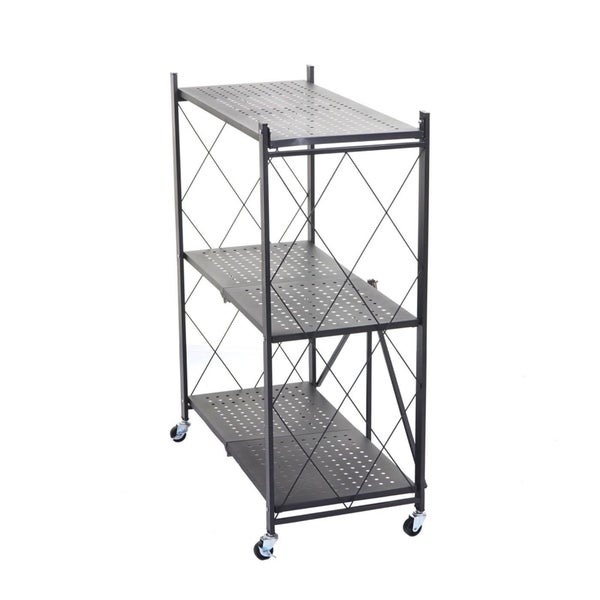 Dreistufiges, zusammenklappbares Regal aus Metall mit Rollen