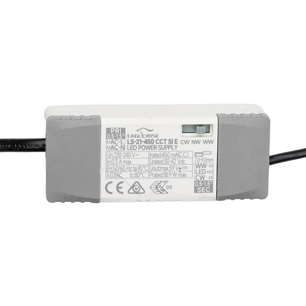 LED-Netzteil Eaglerise LS-21-450 CCT SI E mit technischen Angaben und Anschlusskabeln.