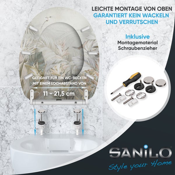 Sanilo WC Sitz mit botanischem Muster und Montageanleitung für einfache Befestigung von oben, inklusive Schraubendreher und Befestigungsmaterial.
