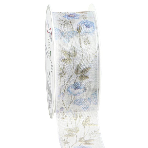 Dekoratives Geschenkband mit Blumenmuster auf Rolle