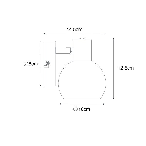 Technische Zeichnung einer Wandleuchte mit den Maßen 14,5 cm Breite, 12,5 cm Höhe und einem Lampenschirmdurchmesser von 10 cm sowie einem Durchmesser der Wandhalterung von 8 cm.