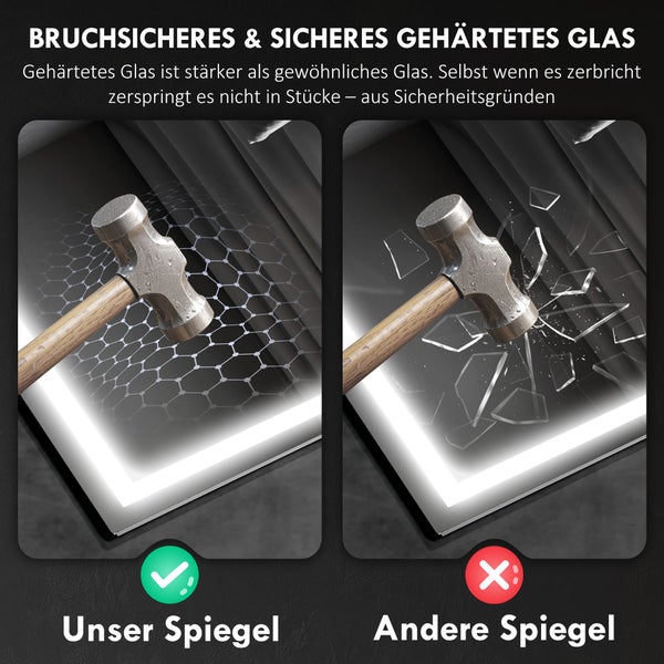 Vergleich bruchsicheres Spiegelglas mit Hammer und Glasbruch