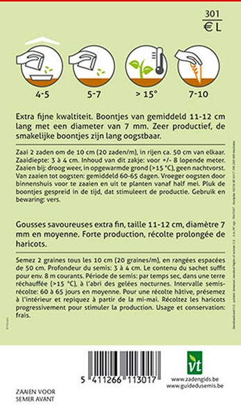 Informationen zu Anweisungen und Produkteigenschaften auf der Rückseite der Bohnensamenpackung