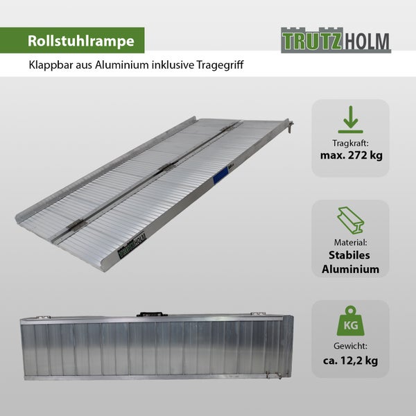 TRUTZHOLM Rollstuhlrampe klappbar 152 cm Traglast 272 kg Alu grau geriffelt Auffahrrampe