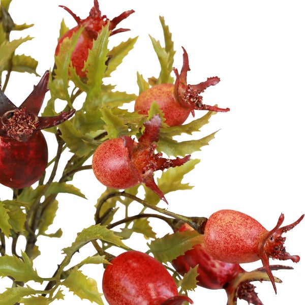 Dekorative Kunstzweige mit roten Granatäpfeln und grünen Blättern