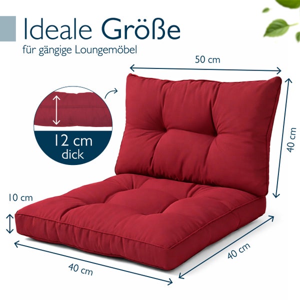 Rotes Lounge-Sitzkissen und Rückenkissen Set mit Maßen: Sitzfläche 40 mal 40 mal 10 Zentimeter, Rückenkissen 50 mal 40 mal 12 Zentimeter.