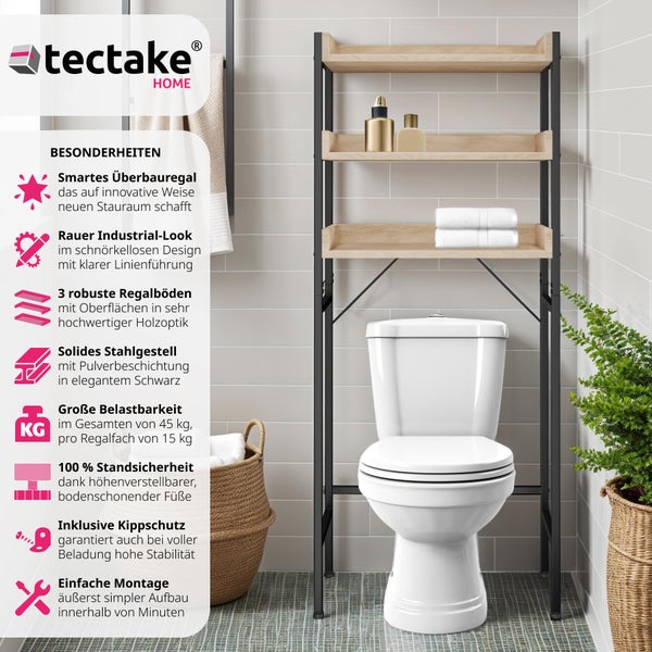 WC-Überbauregal von tectake im Industrial-Design mit drei Ablagen in Holzoptik und schwarzem Stahlgestell über einer Toilette in hellem Badezimmer.