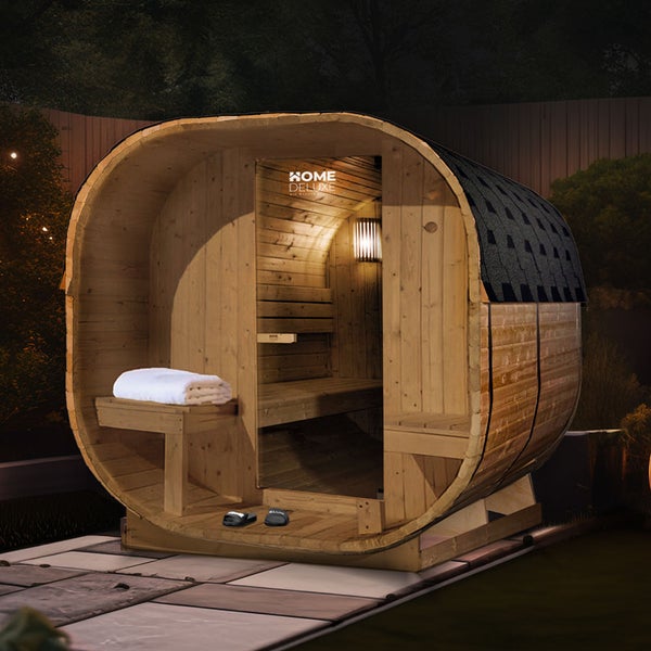 Home Deluxe - Outdoor Sauna CUBE DELUXE - L - Maße: ca. 220 cm x 185 cm x 194 cm, Holz: Fichtenholz - inkl. Saunaofen und Saunazubehör I Gartensauna, Außensauna, Sauna Fass für 4 Personen