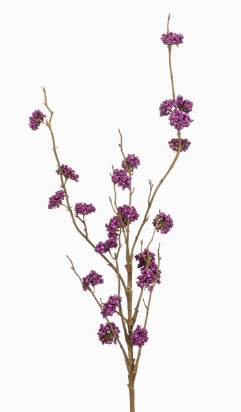 Künstlicher Dekozweig mit lila Beerenclustern an einem braunen Stiel.