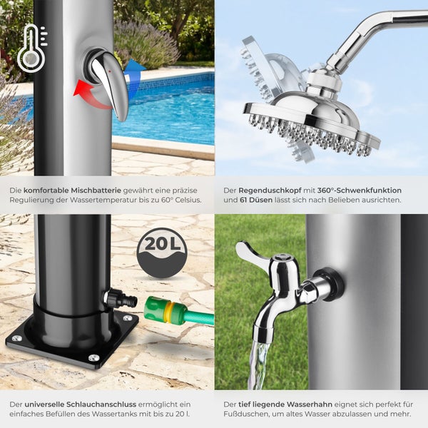 Detailansicht einer Solardusche mit Einhebelmischer, schwenkbarem Regenduschkopf, 20 Liter Wassertank und Wasserhahn für die Fußdusche.