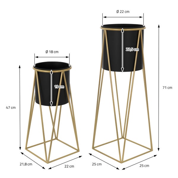 ML-Design Blumenständer 6er Set, Schwarz-Gold, 21,8x22x47cm/25x25x71cm, Stahl, Blumentopfständer mit Übertopf, Metall Pflanzenständer, Blumentopfhalter 6-tlg, Pflanztopf Deko Blumensäule Blumenhocker