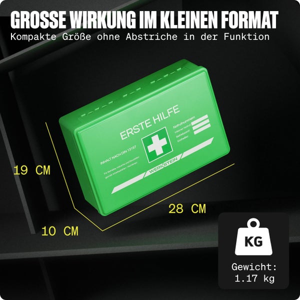 Erste Hilfe Kasten Small mit Inhalt nach DIN 13157 I Verbandskasten Betrieb inkl. praktischer Wandhalterung & 5x Aufkleber I Verbandskasten DIN 13157 für Betriebe, Einrichtungen & Zuhause