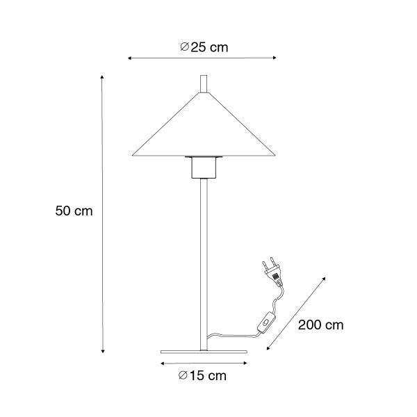 Technische Zeichnung einer Tischleuchte mit den Maßen 25 cm Durchmesser des Lampenschirms, 50 cm Höhe, 15 cm Durchmesser des Sockels und 200 cm Kabellänge.