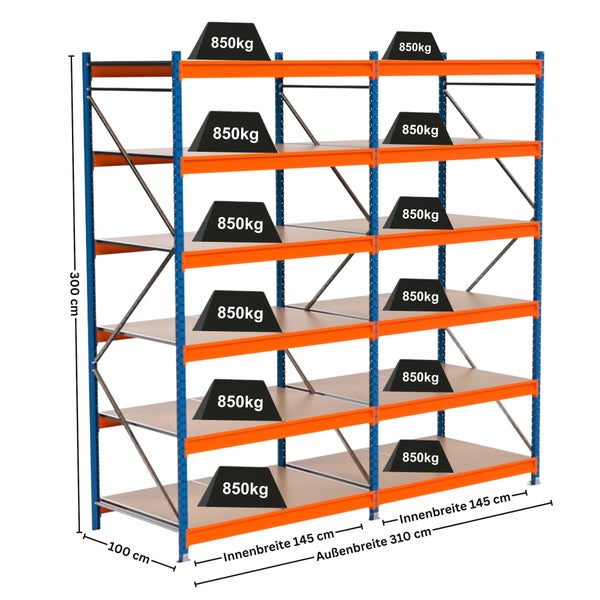 Hochregal mit acht Ebenen und einer maximalen Traglast von 850 Kilogramm pro Ebene.