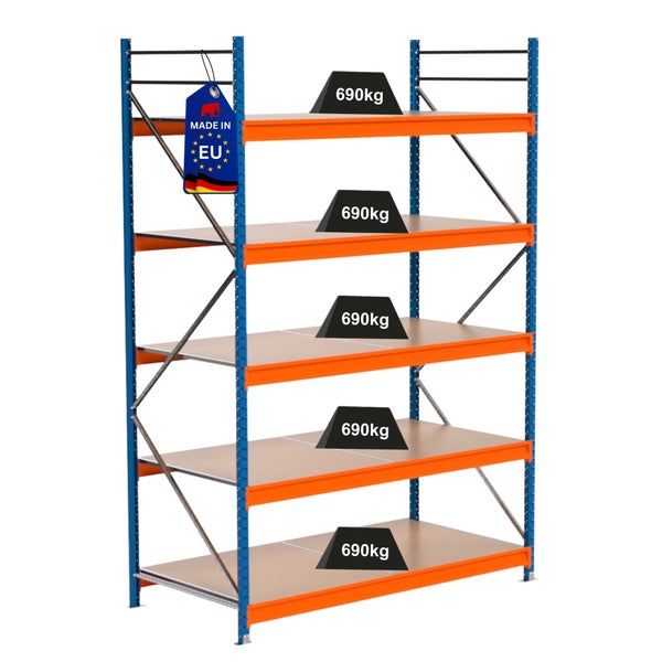 Regal mit fünf Ebenen und einer Traglast von 690 Kilogramm pro Ebene, inklusive Made in EU Kennzeichnung
