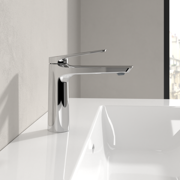 Villeroy & Boch Oasis Waschtischarmatur ohne Zugstange, Wasserhahn Bad mit Keramikkartusche, Waschbeckenarmatur wassersparend, Auslauf Höhe 114mm, rund, Chrom