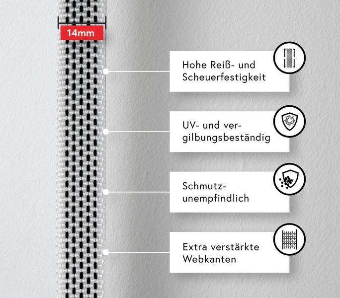 Eigenschaften des Rollladenzubehörs: Hohe Reiß- und Scheuerfestigkeit, UV- und Vergilbungsbeständigkeit, Schmutzunempfindlichkeit und extra verstärkte Webkanten.