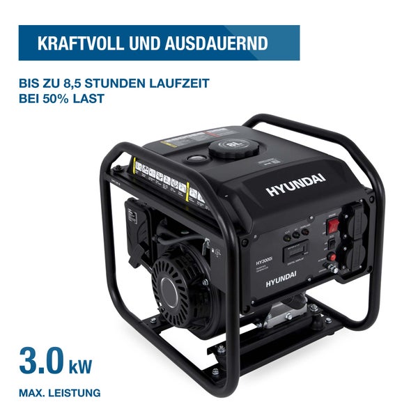 Hyundai Inverter Stromerzeuger HY3000i, 3,0 Kilowatt maximale Leistung, bis zu 8,5 Stunden Laufzeit bei 50 Prozent Last.