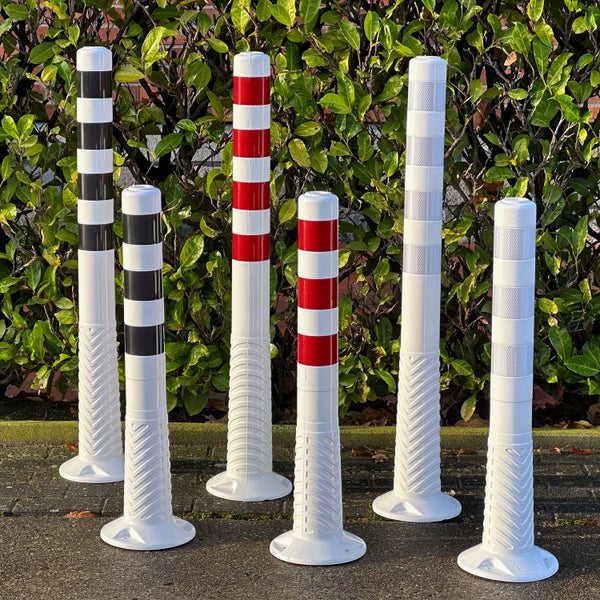 UvV flexible Absperrpfosten Poller weiß + weiß reflektierende Folie, selbstaufrichtend inkl. Befestigung 100cm (2 Stück)