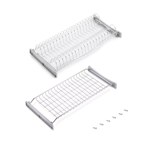 Einbau-Abtropfgestell Set für Küchenschränke bestehend aus Tellerhalter, Tassenablage, Abtropfschale und Montageschrauben aus Metall.