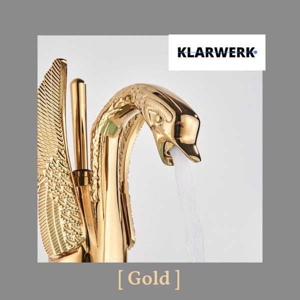 Klarwerk Waschtischarmatur in Schwanenform mit fließendem Wasser, goldfarbenes Design für Badezimmer.