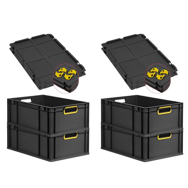 PROREGAL SuperSparSet 4x Eurobox NextGen Color mit Auflagedeckel und Schiebeschnappverschlüsse, HxBxT 22x40x60cm, 44 Liter, Schwarz, Griffe gelb offen, Verstärkter Boden, Eurobehälter, Transportbox, Transportbehälter, Stapelbehälter