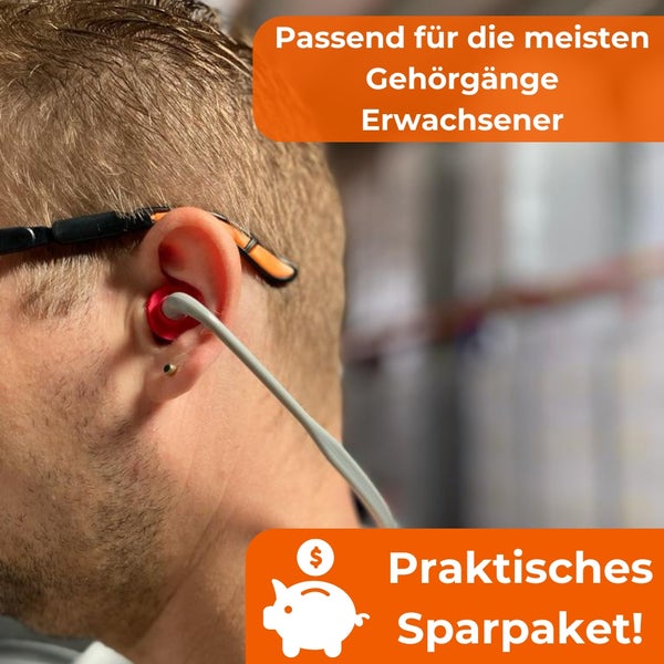 Gehörschutzstöpsel im Ohr einer Person, geeignet für die meisten Gehörgänge Erwachsener