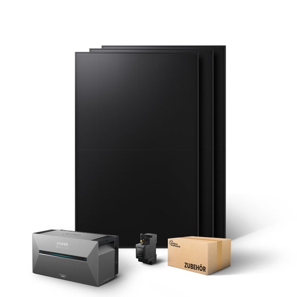 Balkonkraftwerk Set mit vier Solarmodulen, Anker SOLIX Solarbank 2 Pro Speicher, Smart Meter und Zubehörkarton.